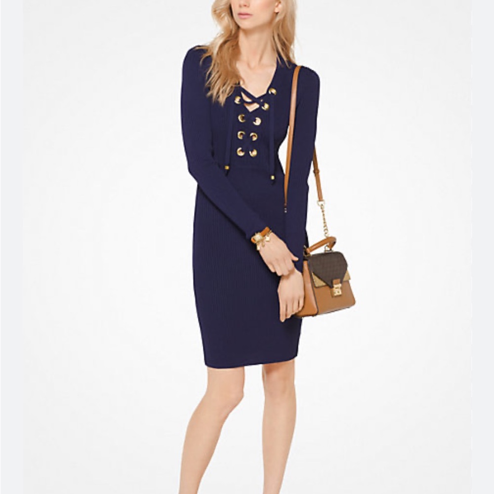 MICHAEL Michael Kors Lace-Up Ribbed Sweater Dress Neiman Marcus